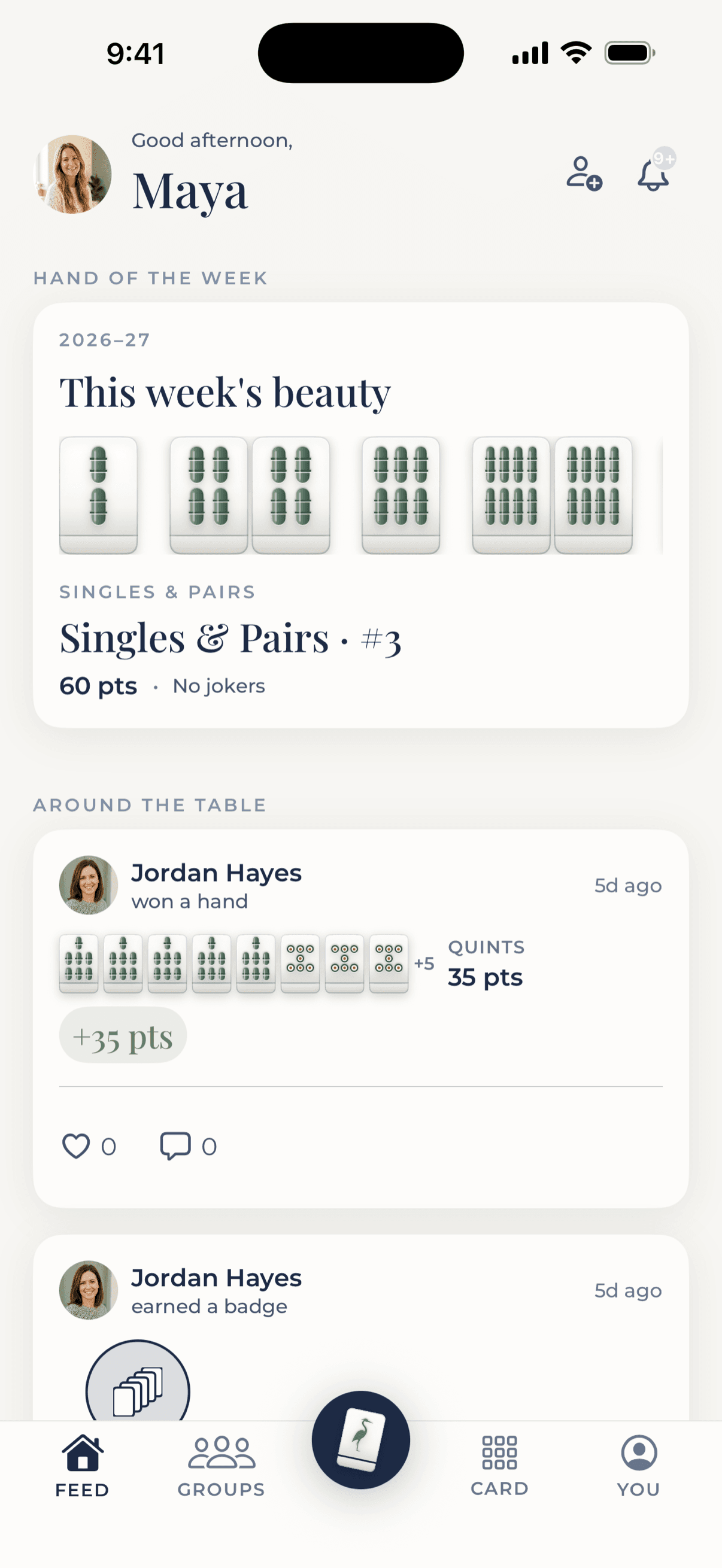 The Bird Bam home feed: the hand of the week shown in beautiful ivory-and-jade tiles, and friends' games around the table