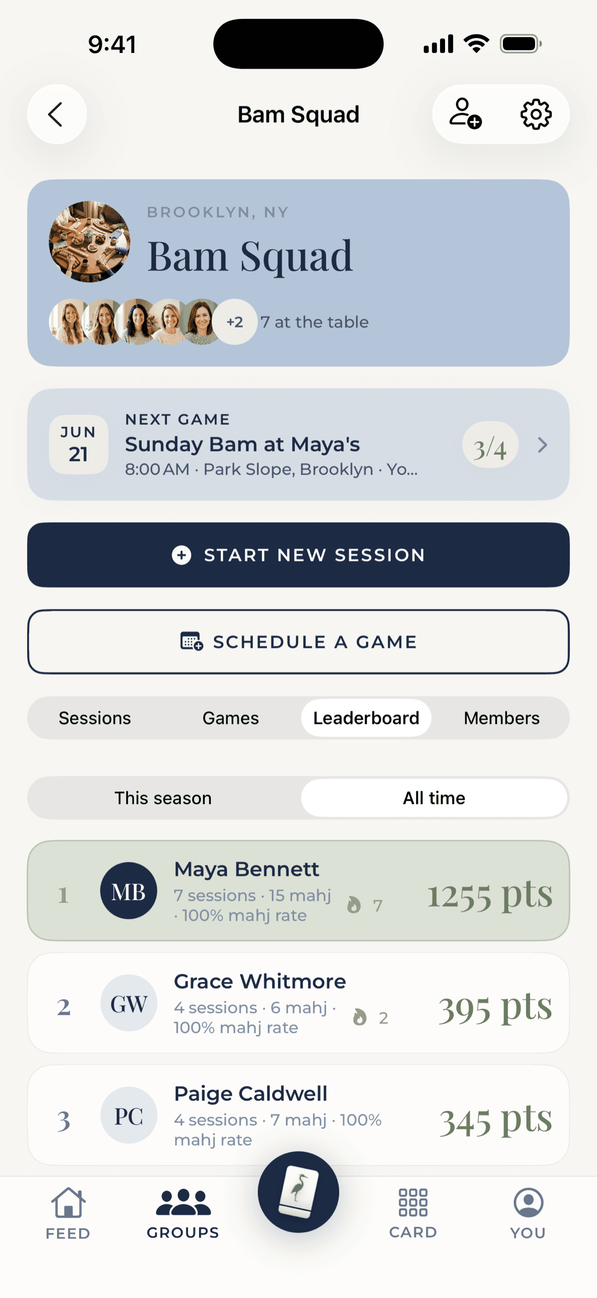 A Bird Bam group leaderboard showing the season standings for four players
