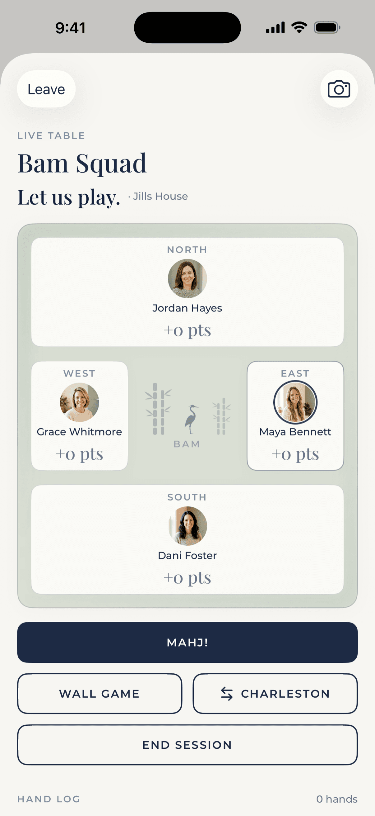 A live Bird Bam table for The Tuesday Girls — four players around the felt with the heron at the center